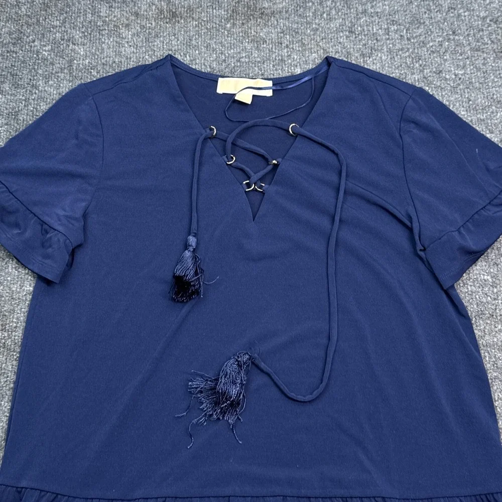 Michael Kors MK Blouse Top Womens Size Small Navy Blue Cinch Neck‎ Tasseled